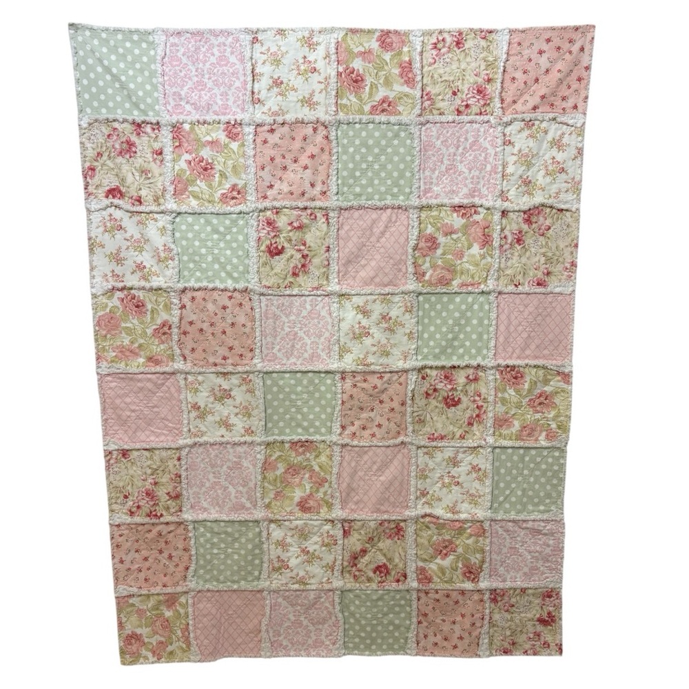 Handcrafted Patchwork Rag Floral Rose Quilt 42 x 56 Inches